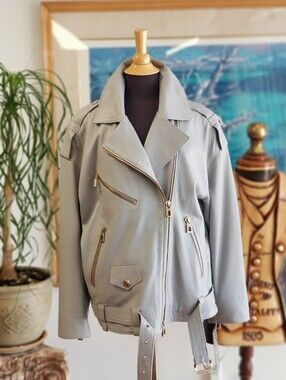 Women’s Light Gray Leather Moto Jacket with Gold Hardware